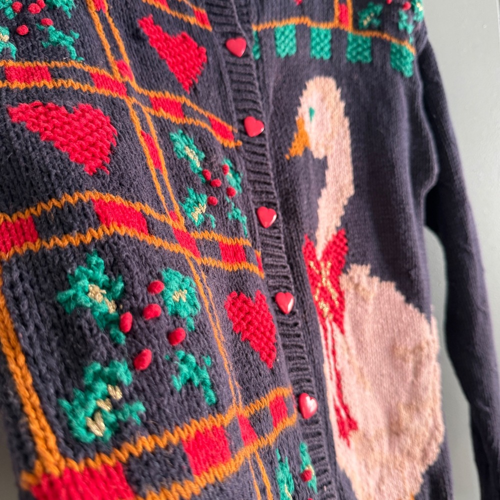 Vtg Casual Corner Christmas Porch Goose Heart Button Cardigan Sweater Navy Small - Picture 8 of 9